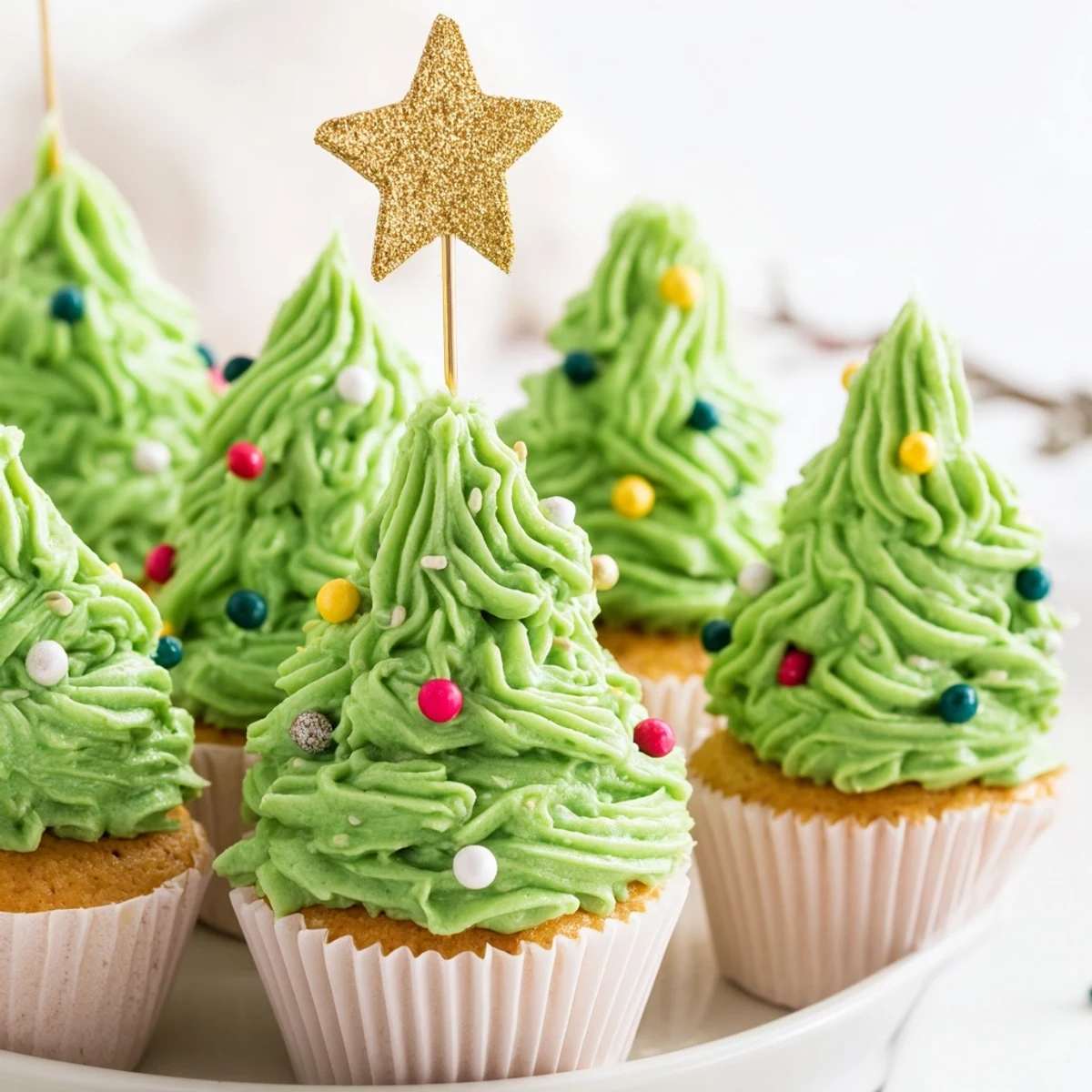 Festive Cupcake Christmas Tree adorned with green buttercream swirls and colorful ornament sprinkles on white serving platter