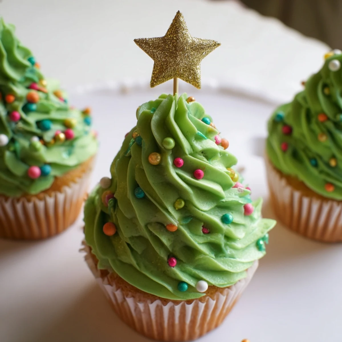 Holiday Cupcake Christmas Tree display featuring 24 frosted cupcakes arranged in triangular shape with gold star topper