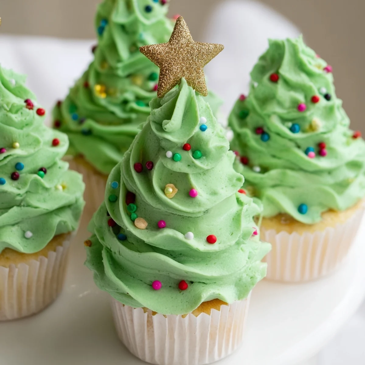 Green buttercream Cupcake Christmas Tree tower decorated with red sprinkles and edible gold star for Christmas parties