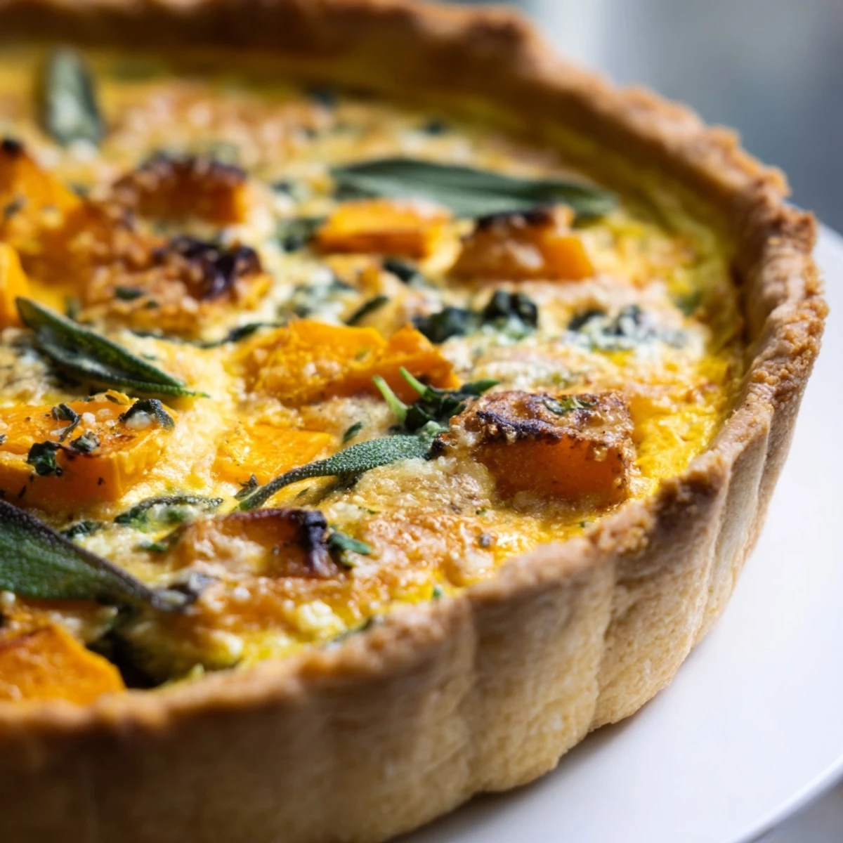 Golden orange Halloween pumpkin and butternut squash pie slices on a rustic wooden serving board with fresh sage garnish