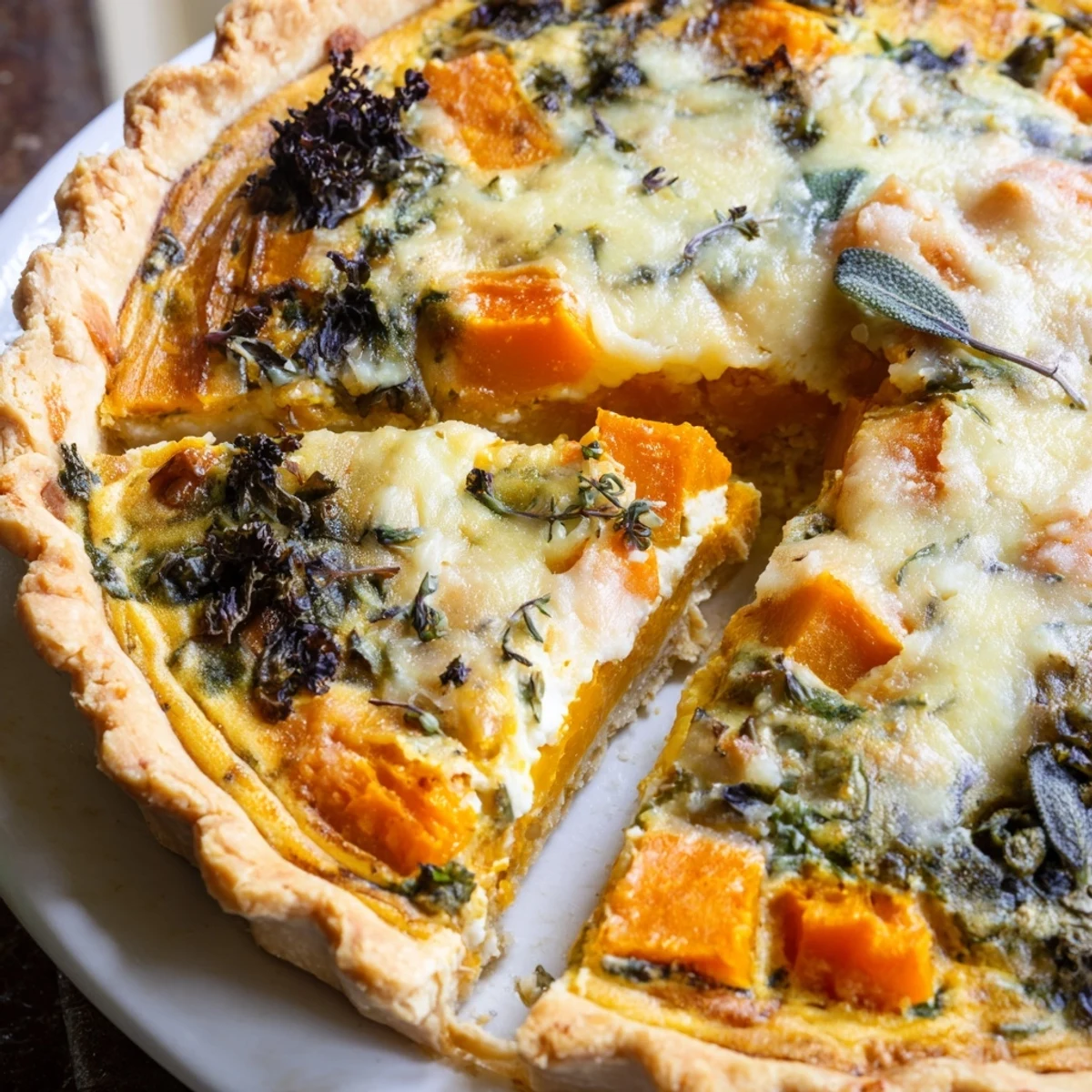 Savory Halloween pumpkin butternut squash pie featuring a flaky golden crust and creamy spiced filling