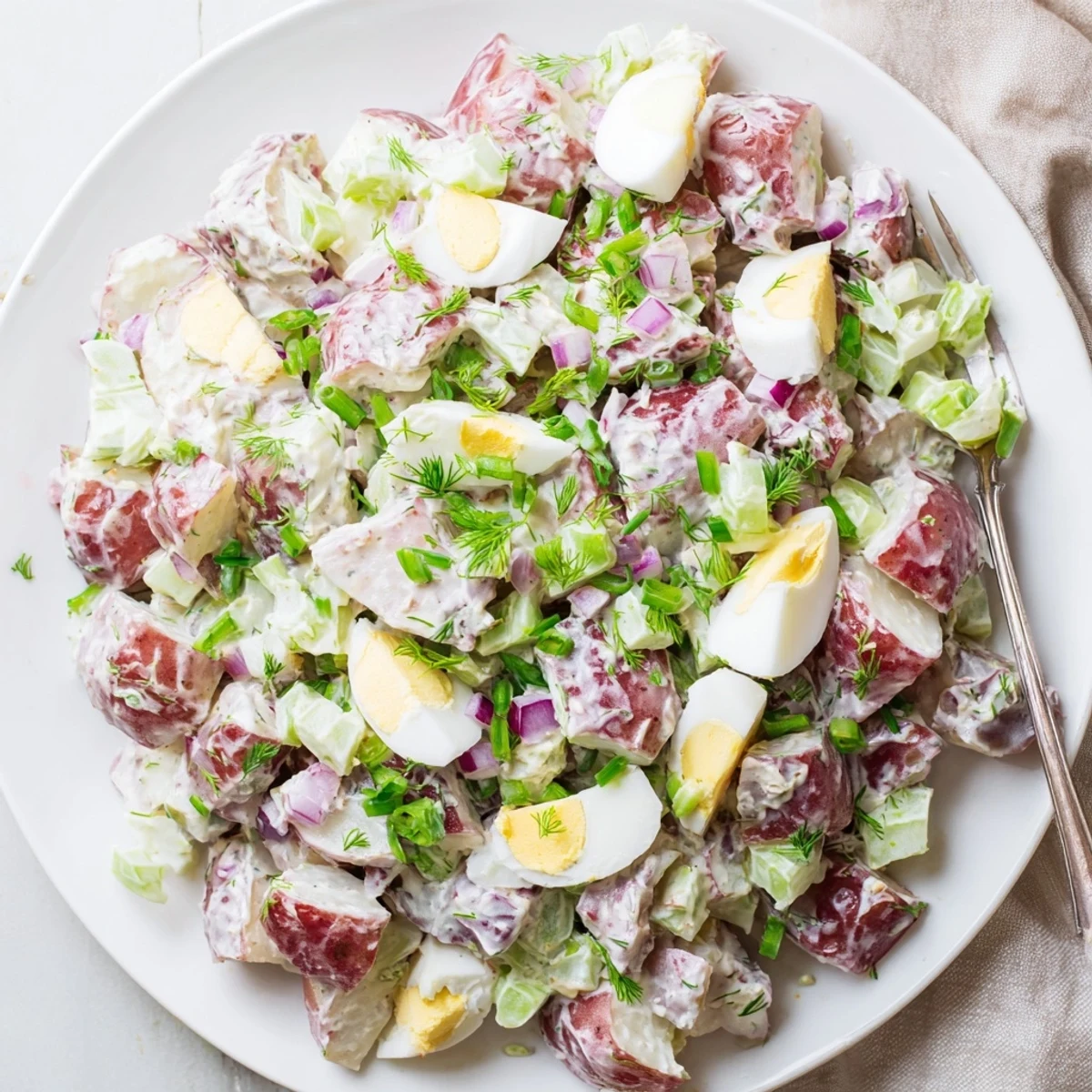 Creamy red potato salad with tender chunks, crisp celery, and fresh herbs in a bowl