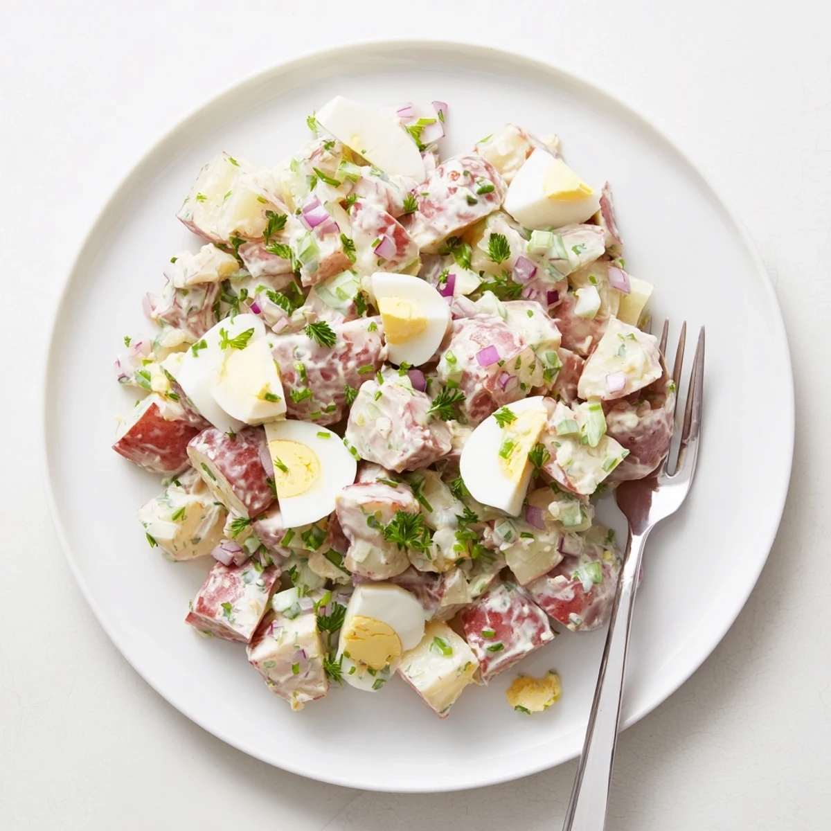 Vibrant red potato salad featuring tangy dressing, diced vegetables, and chopped hard-boiled eggs