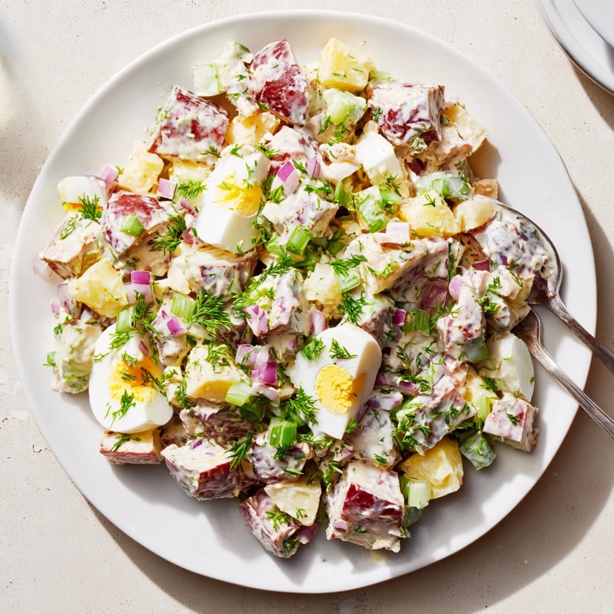 Classic American red potato salad with creamy mayonnaise dressing and colorful garnish for picnics