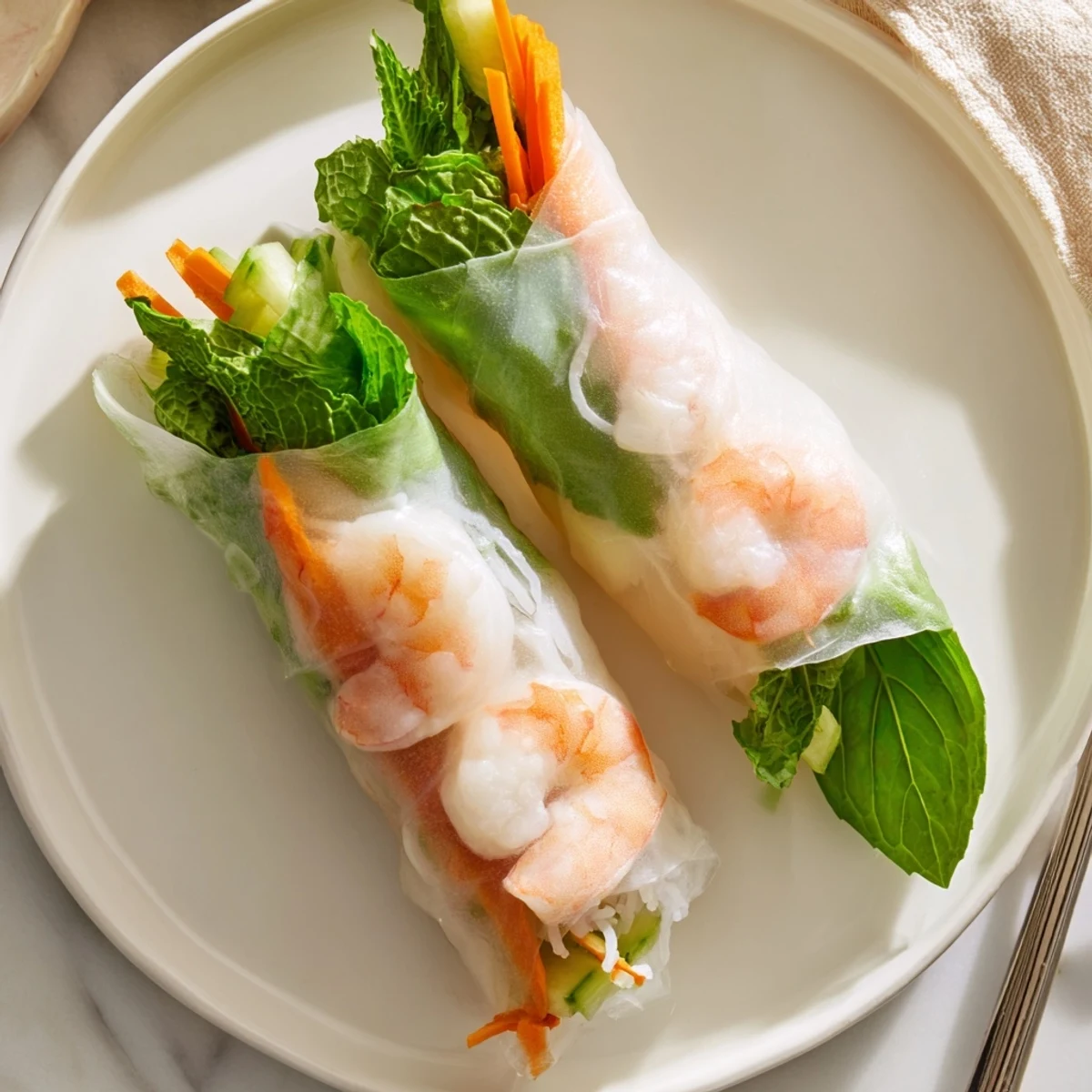 Golden fresh spring rolls with peanut sauce featuring translucent rice paper, vibrant vegetables, and plump shrimp ready for dipping
