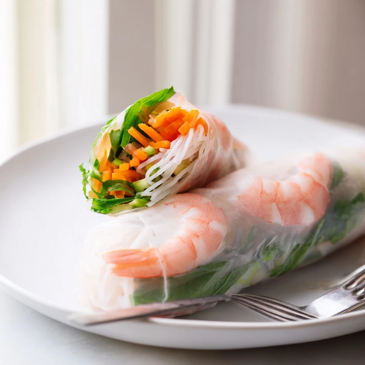 Vietnamese fresh spring rolls with peanut sauce displaying colorful julienned carrots, cucumbers, and herbs tucked inside delicate wrappers