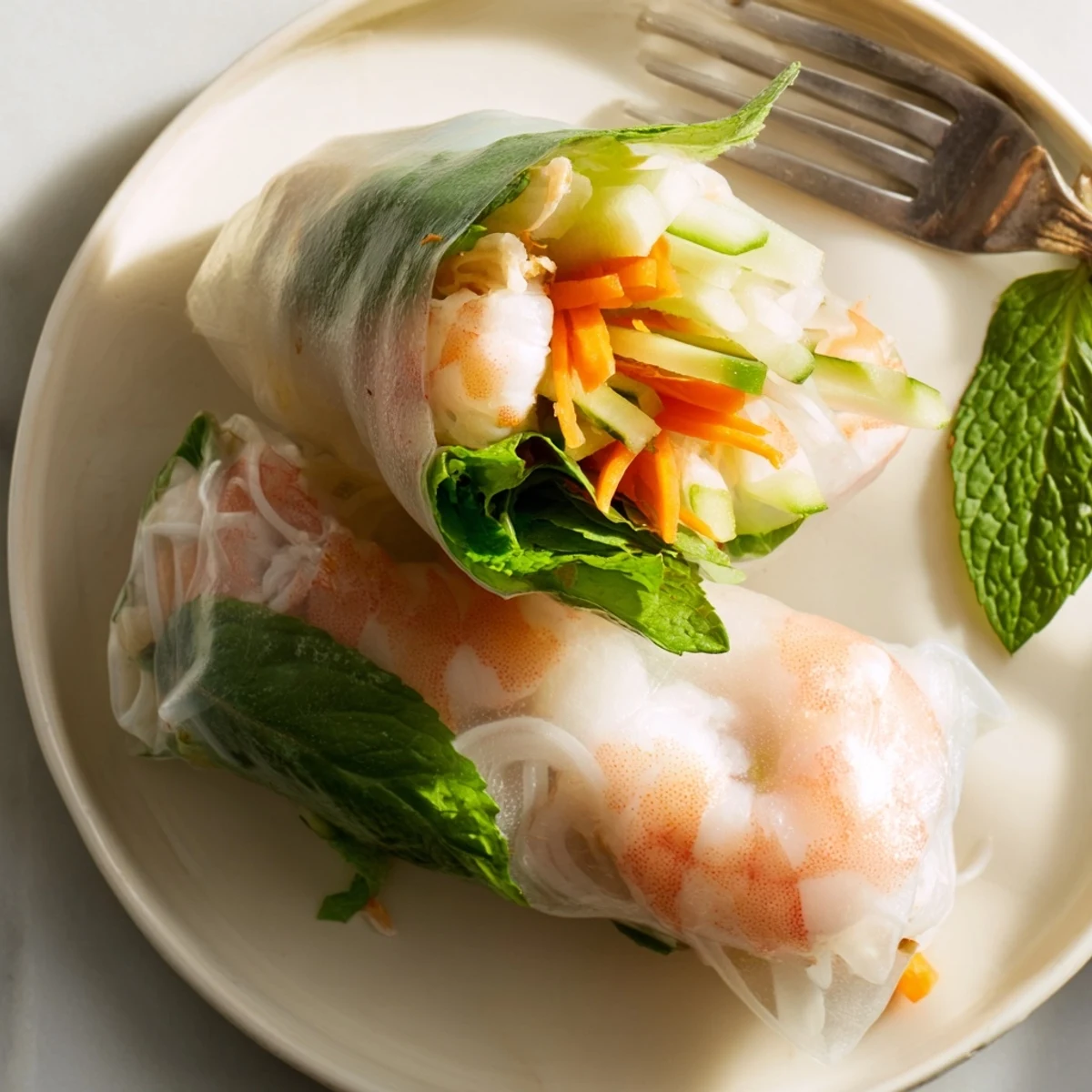 Plate of fresh spring rolls with peanut sauce arranged beside a bowl of creamy savory dipping sauce garnished with crushed peanuts