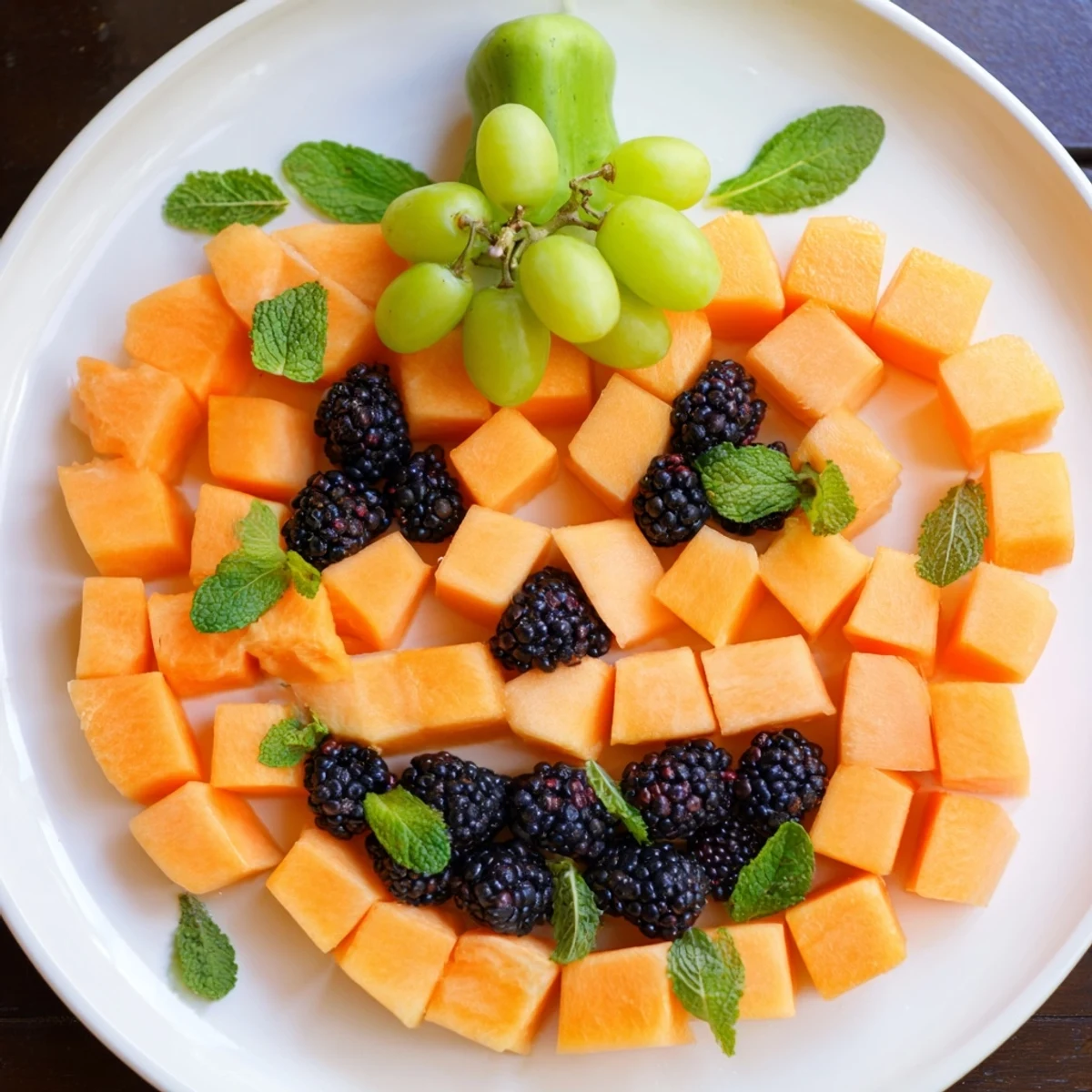 Festive pumpkin fruit tray Halloween platter arranged with fresh cantaloupe grapes and berries