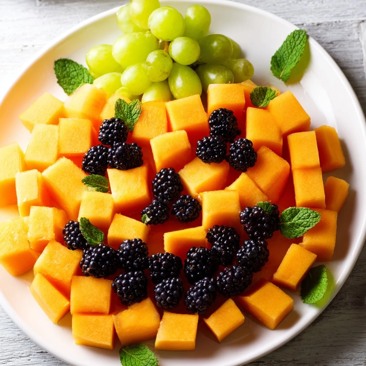 Colorful pumpkin-shaped Halloween fruit platter featuring cantaloupe body with blackberry jack-o-lantern face