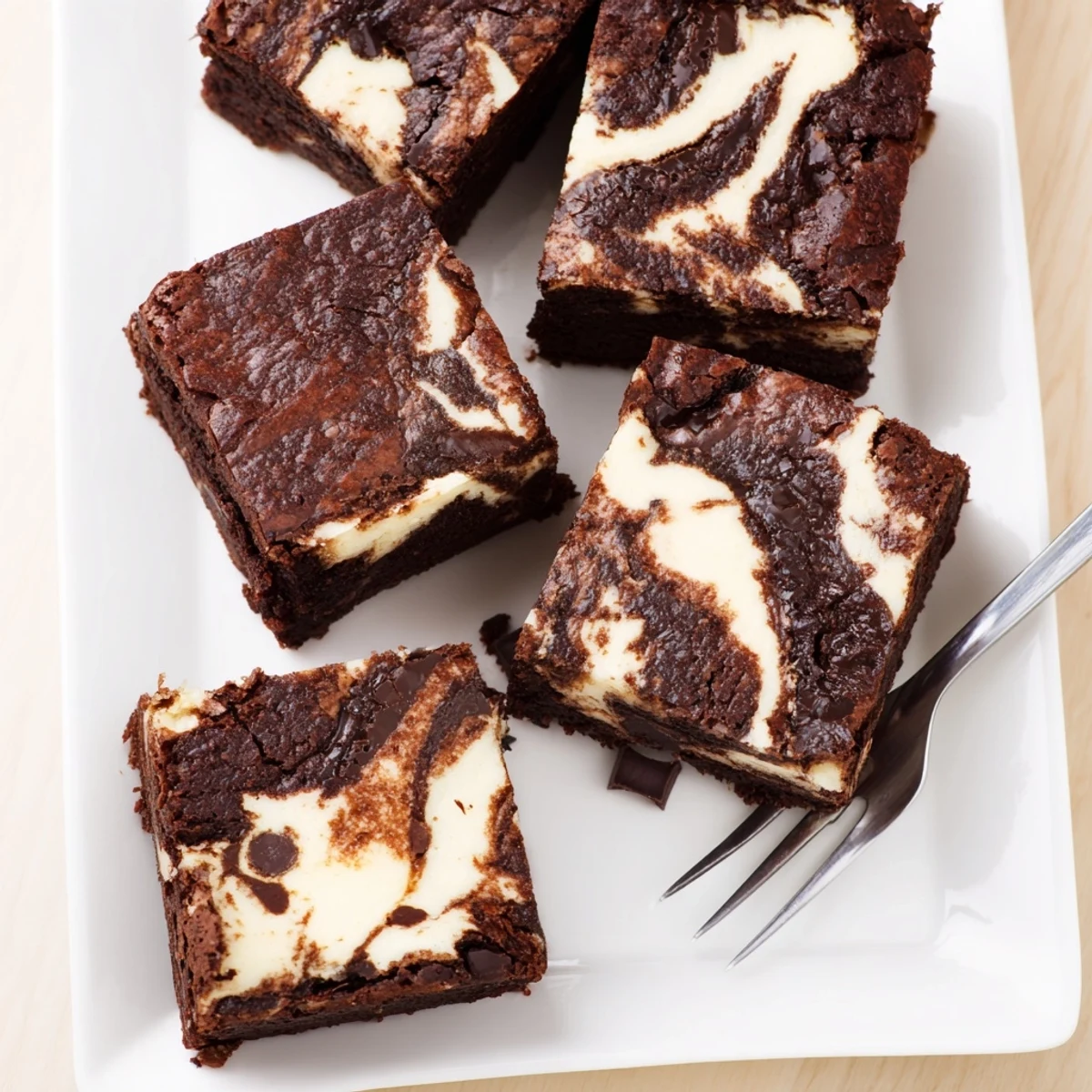 Fudgy cheesecake swirled brownies featuring marbled cream cheese and dark chocolate layers on a white plate