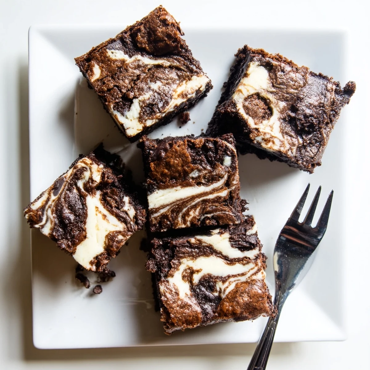 Decadent chocolate brownie squares with creamy vanilla cheesecake swirls baked until just set and slightly glossy
