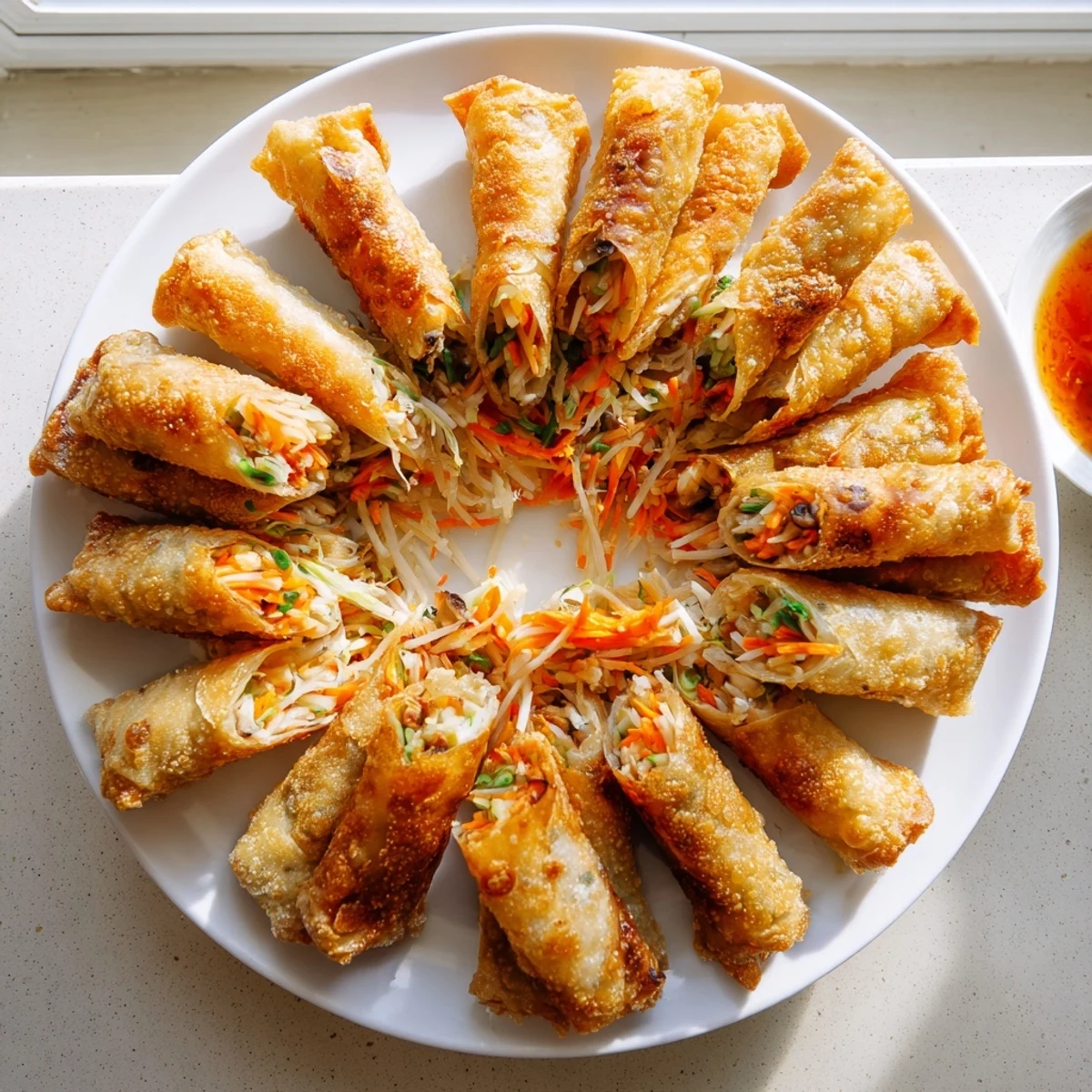 Golden crispy rice paper spring rolls with shredded vegetable filling on serving plate