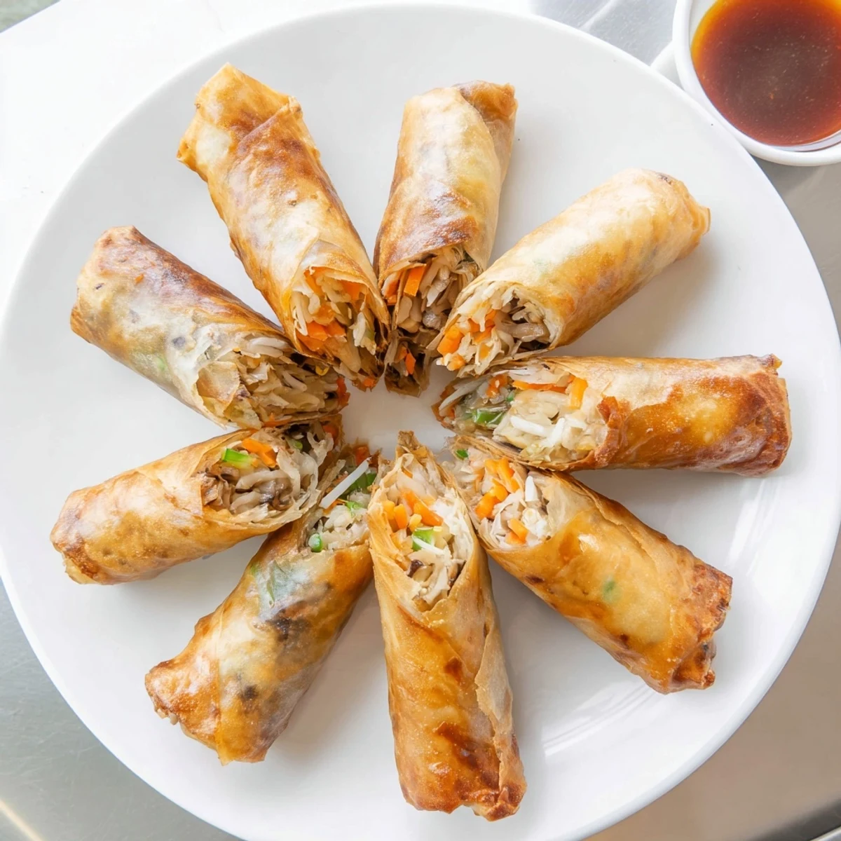 Close up of fried Vietnamese rice paper spring rolls arranged on white plate with dipping sauce