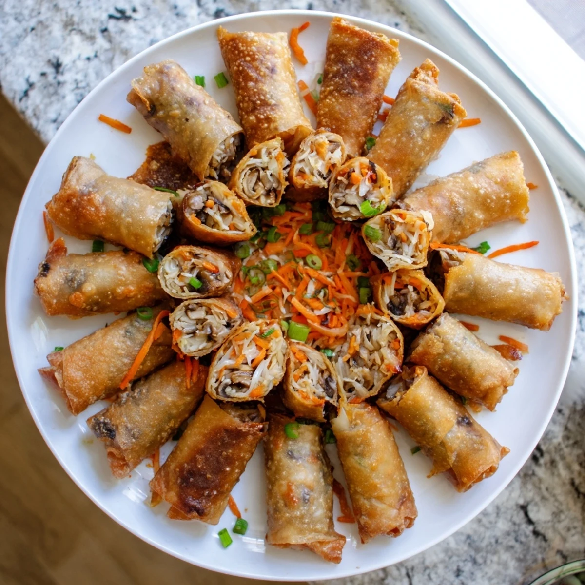 Vegan crispy rice paper spring rolls displaying golden brown texture and vegetable stuffing visible inside