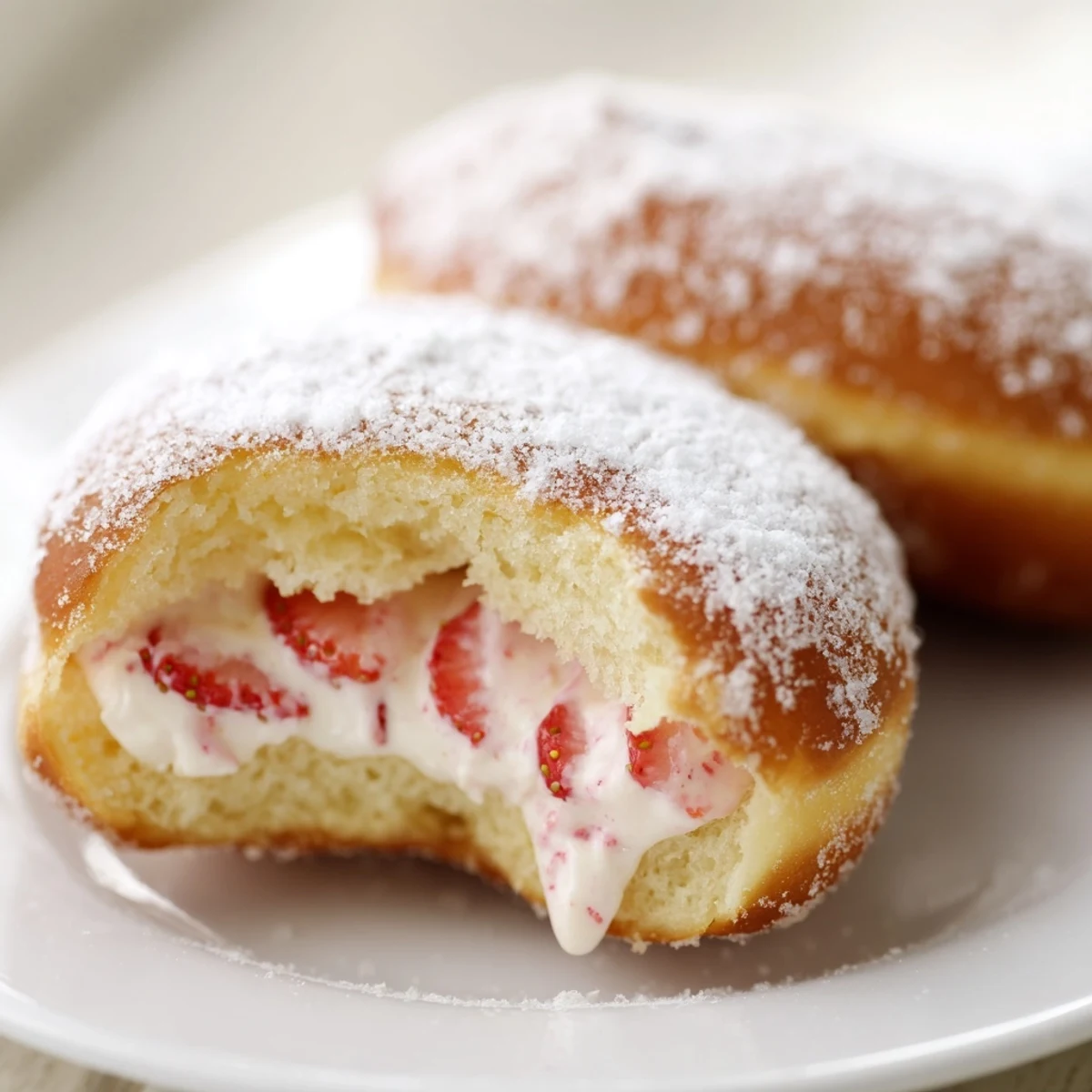 Golden fried strawberry cream filled doughnuts coated in sparkling sugar on a white plate