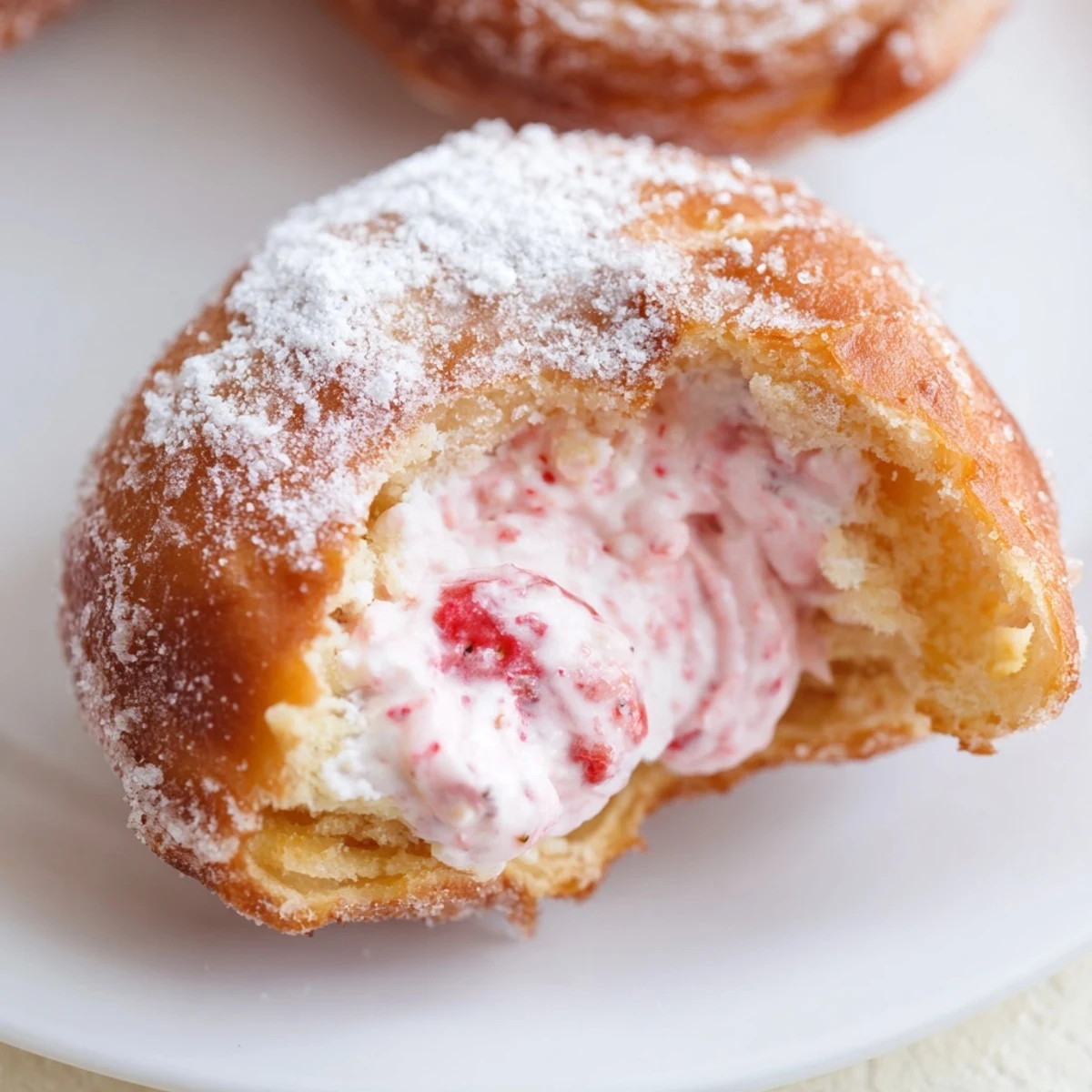 Fluffy homemade doughnuts bursting with pink strawberry cream and dusted with sweet sugar crystals
