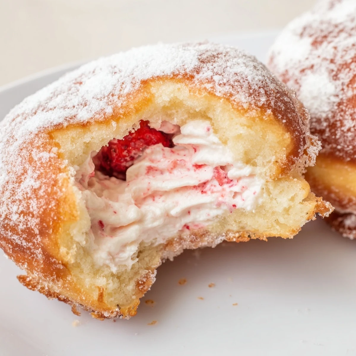 Fresh strawberry cream filled doughnuts with glossy sugar coating and visible cream filling center