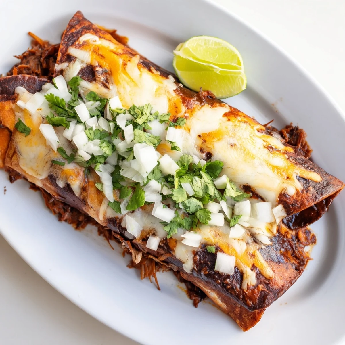 Tender shredded beef birria enchiladas smothered in rich consommé with bubbly cheese