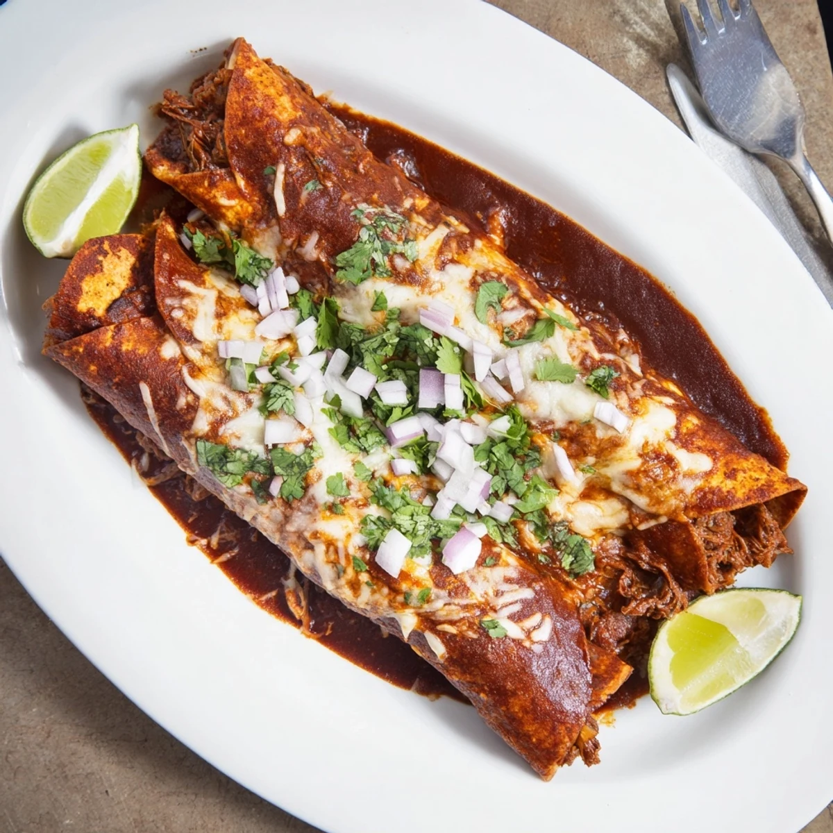 Corn tortilla enchiladas stuffed with savory birria beef and diced white onion