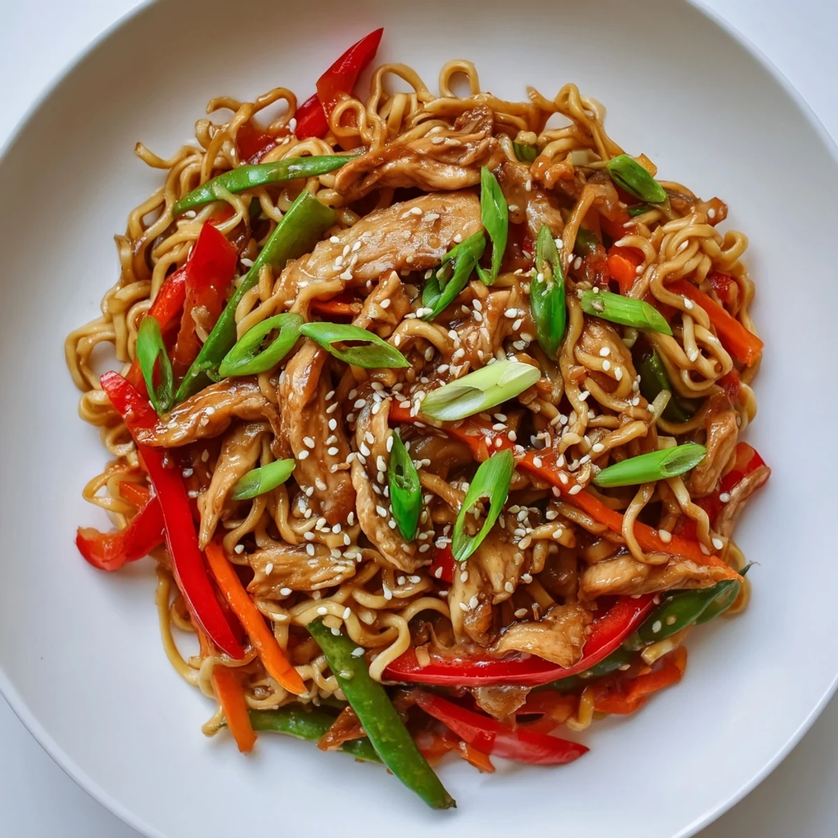 Close-up of sticky garlic chicken noodles coated in sweet savory sauce with red bell pepper and carrot slices