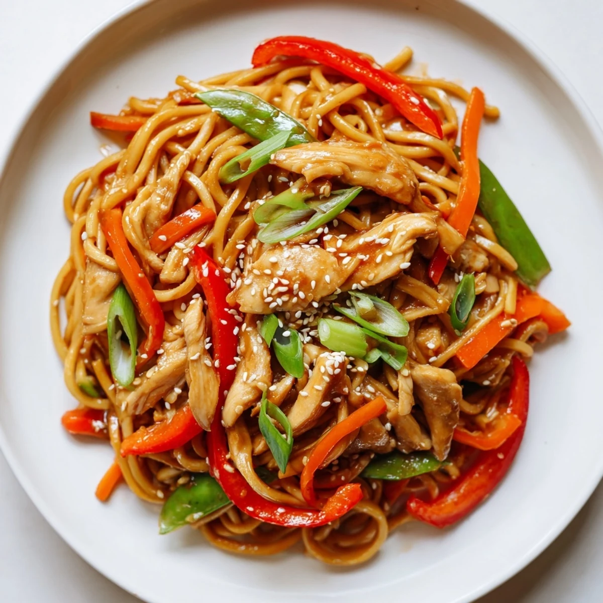 Golden brown chicken pieces tossed with chewy egg noodles in glossy sticky garlic sauce with colorful vegetables
