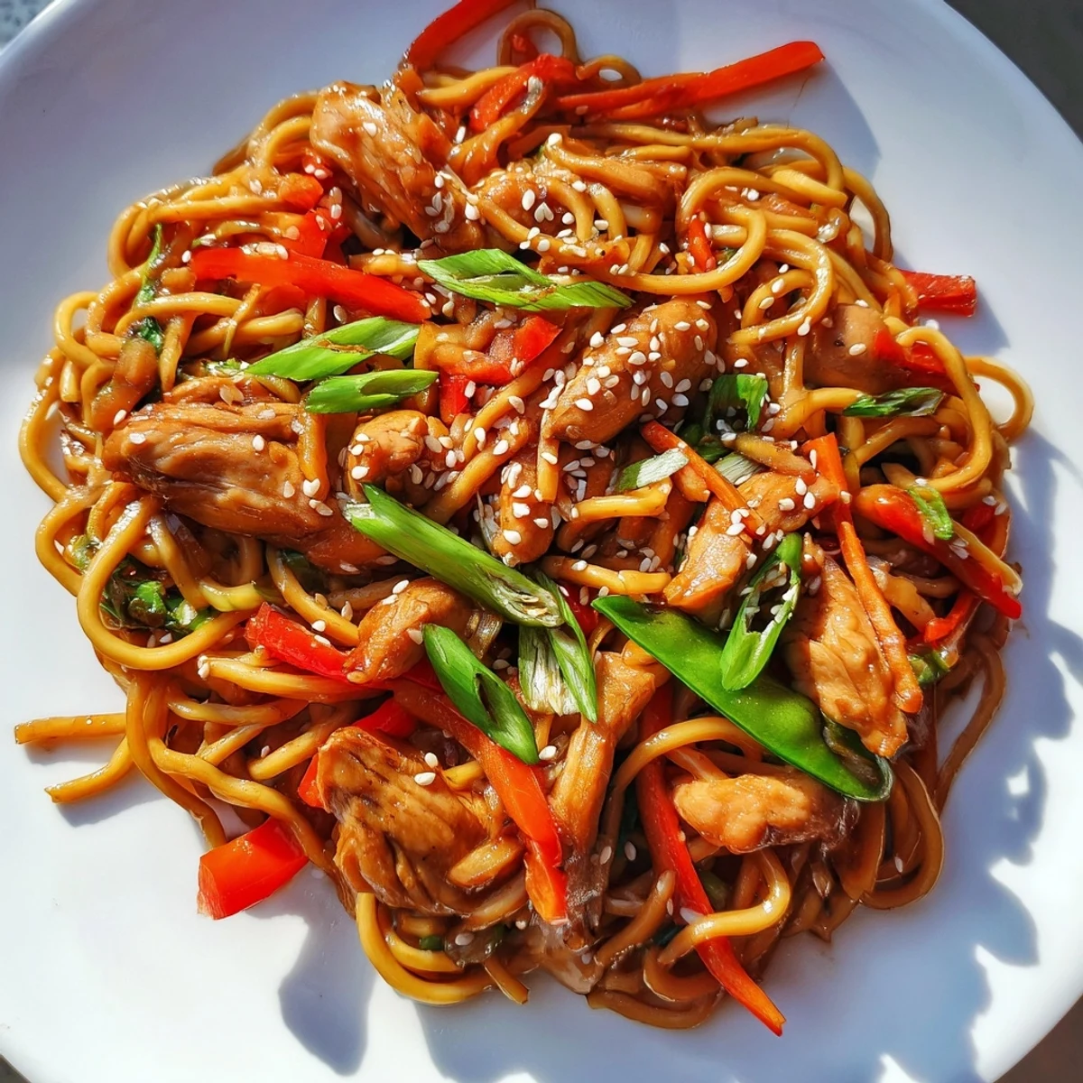 Steaming bowl of Asian-inspired sticky garlic chicken noodles garnished with fresh scallions and sesame seeds