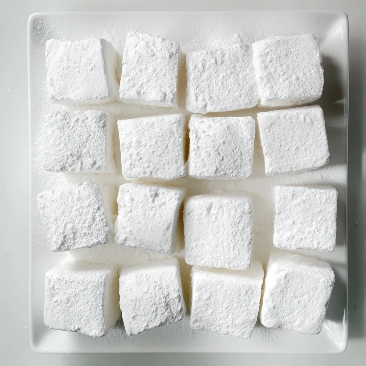 Glossy white marshmallow slab being sliced into airy squares coated with sweet confectioners sugar mixture