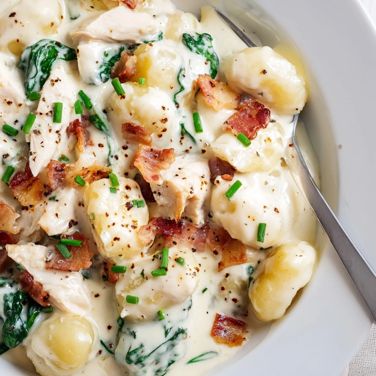 Savory chicken and potato gnocchi simmered in a cheesy ranch cream sauce with wilted spinach and golden parmesan