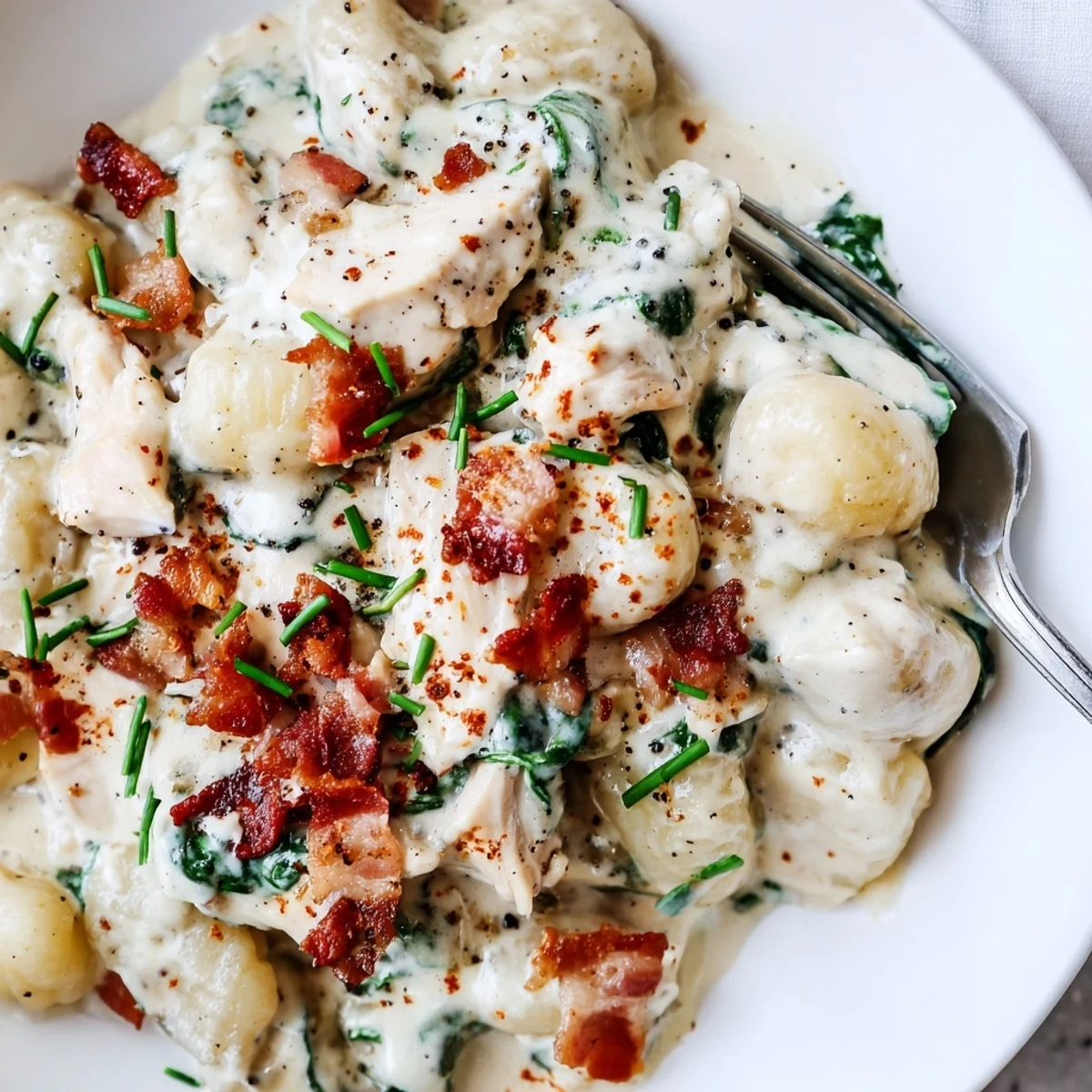 Comforting one-pan chicken gnocchi dish featuring tender pasta, melted mozzarella, and smoky bacon in a velvety smooth sauce