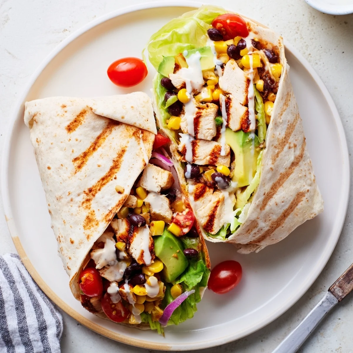 Fresh Southwest chicken wraps rolled with seasoned chicken, crisp vegetables, and creamy sauce on flour tortillas