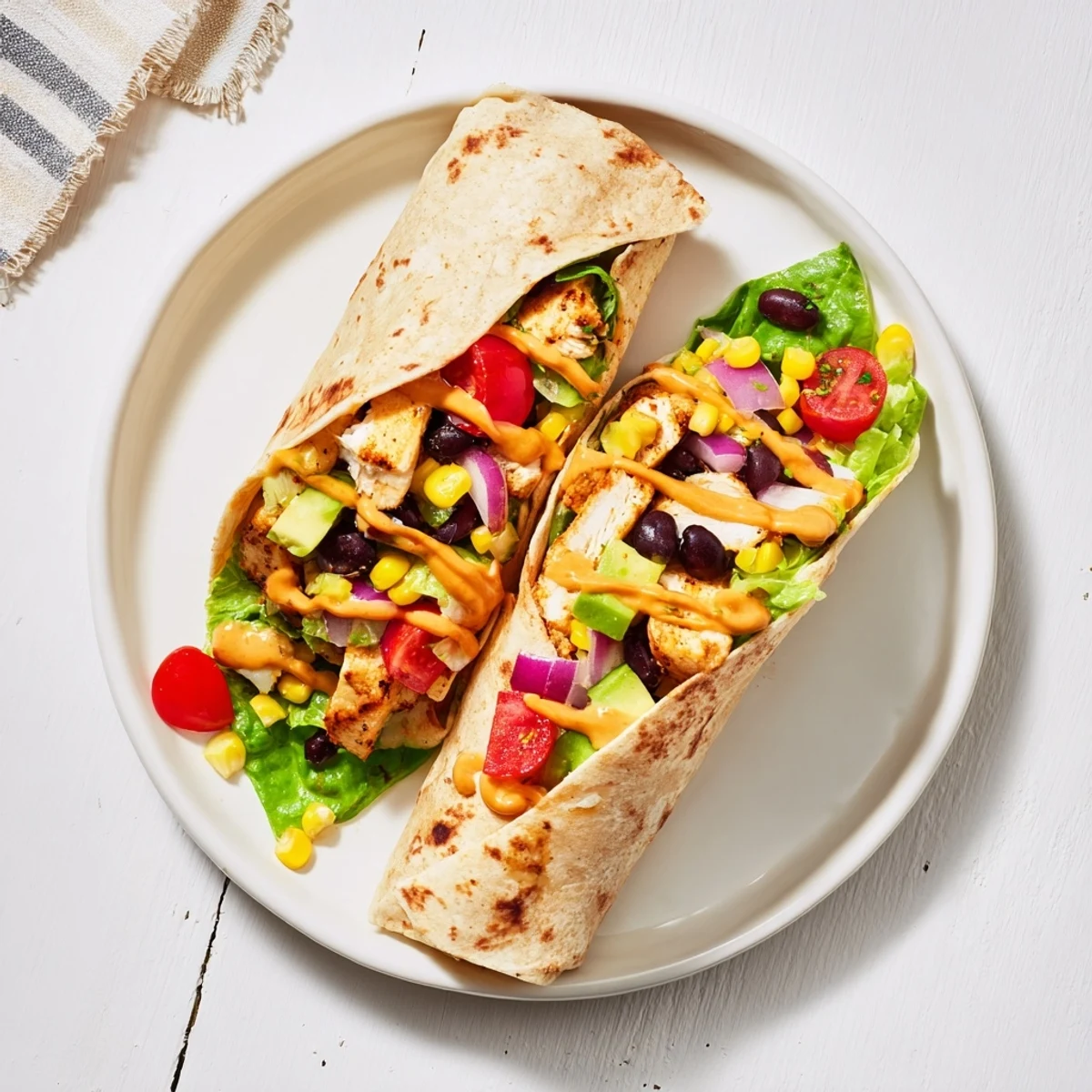 Homemade Southwest chicken wraps filled with spiced grilled chicken, colorful corn, beans, and zesty lime crema