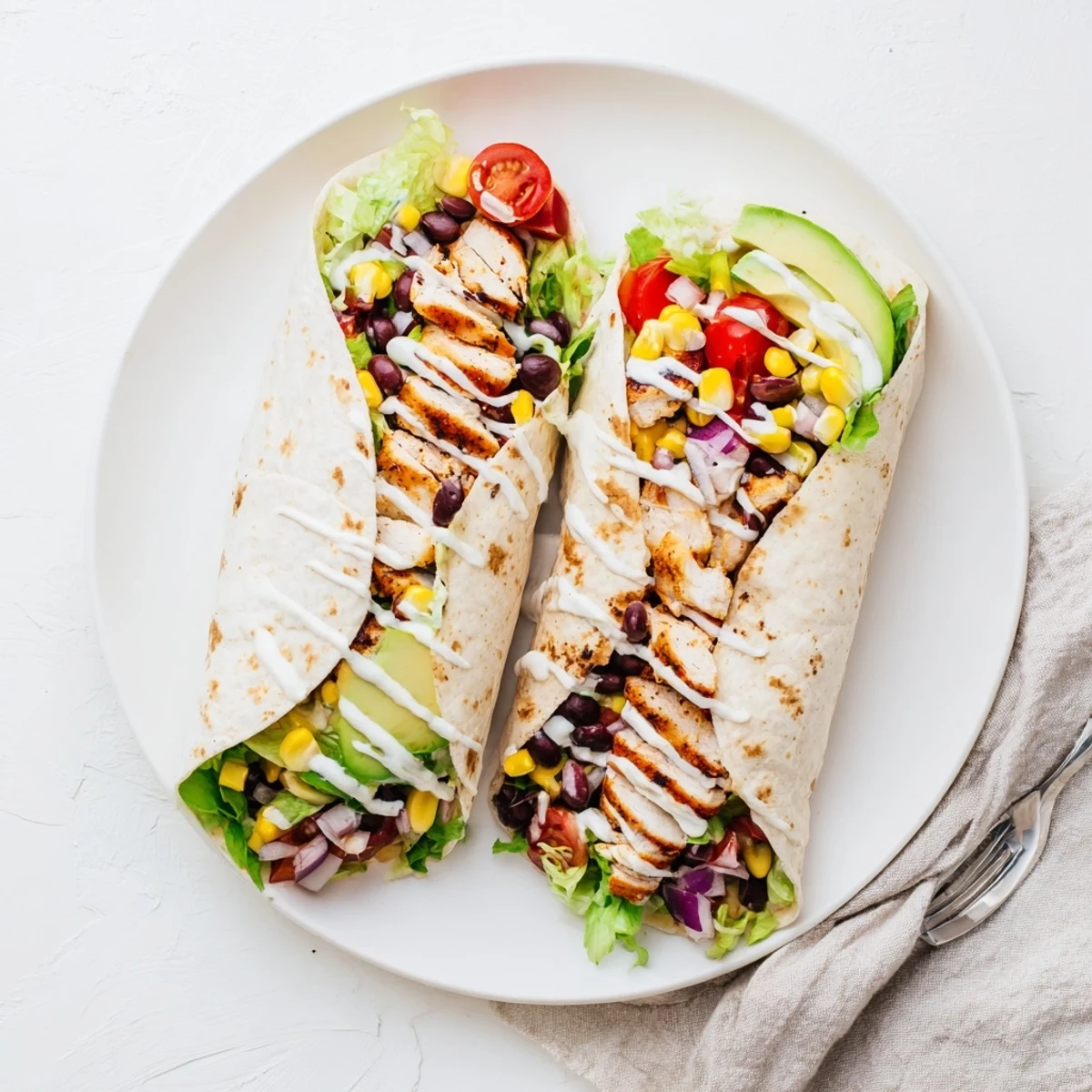 Delicious Southwest chicken wraps featuring tender spice-rubbed chicken, crisp lettuce, tomatoes, and avocado in warm tortillas