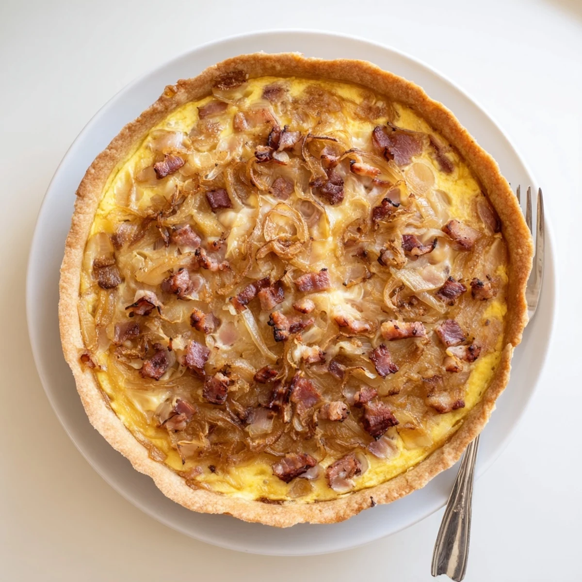 Savory German onion pie tart featuring creamy custard filling baked until golden and set