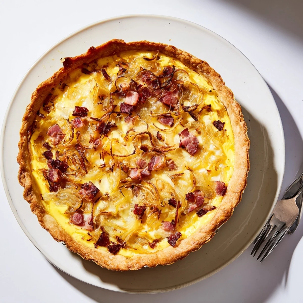 Golden brown German onion pie with caramelized onions and crispy bacon on a flaky pastry crust
