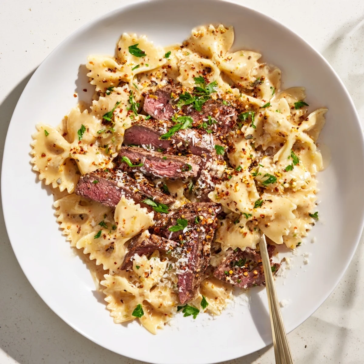 Golden bowtie pasta coated in creamy Cajun Alfredo sauce topped with seasoned spice-rubbed beef slices