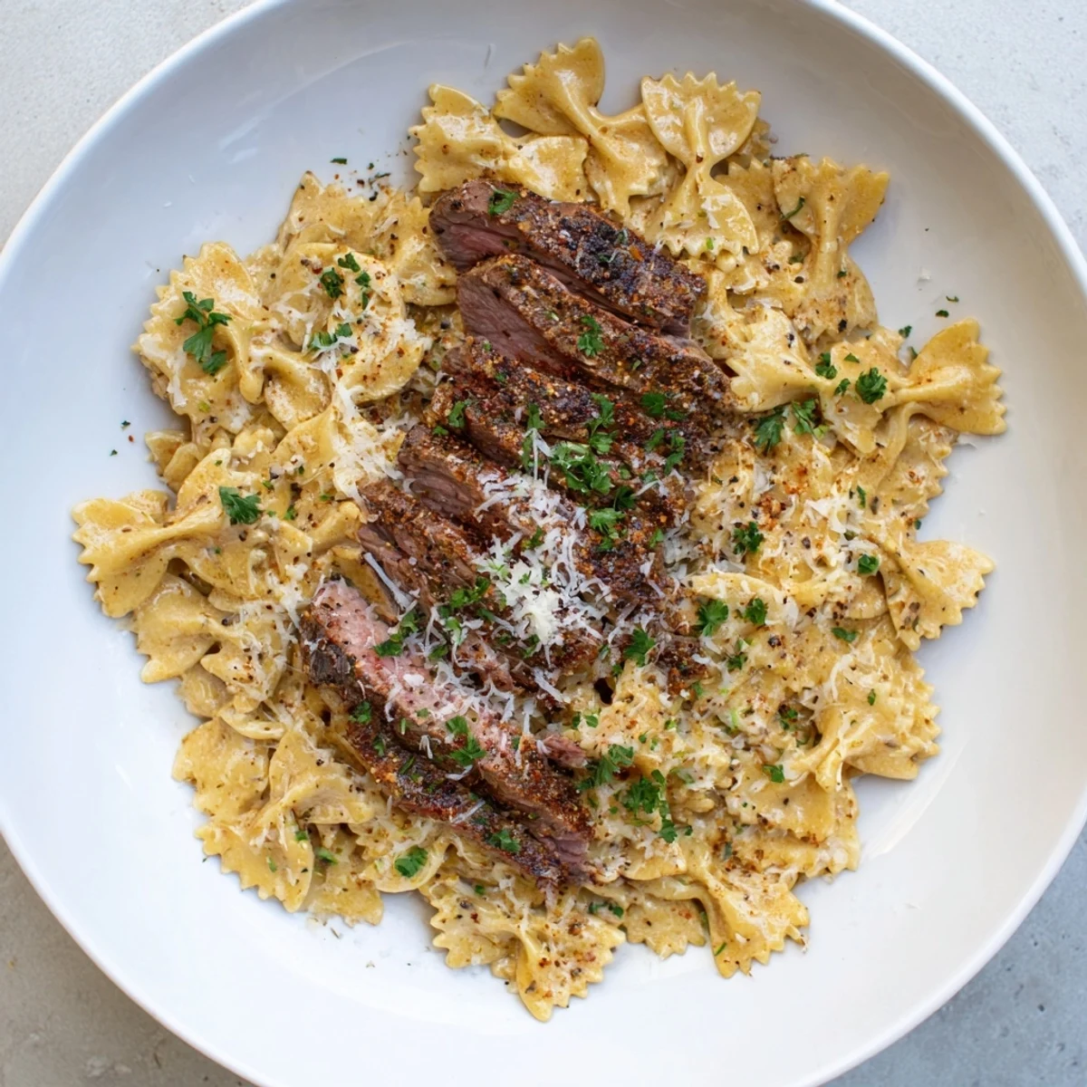 Creamy white Alfredo sauce with Cajun spices clings to bowtie pasta garnished with sliced seasoned beef