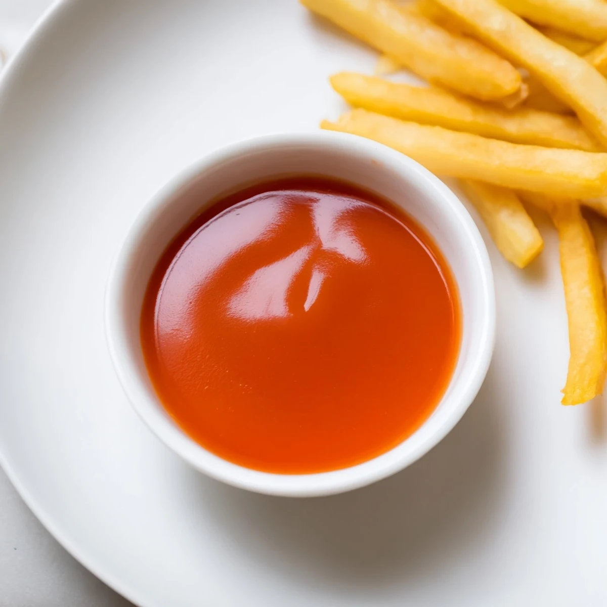 Thick glossy McDonalds sweet and sour sauce drizzled over golden french fries on a dark plate