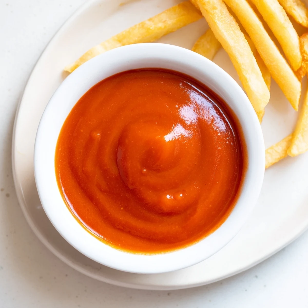 Golden McDonalds sweet and sour sauce in a small white dipping bowl beside crispy chicken nuggets