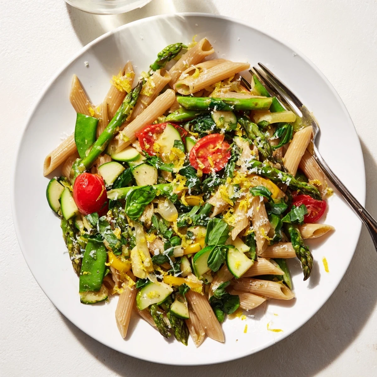 Golden one pot spring vegetable pasta tossed with vibrant asparagus, cherry tomatoes, and fresh spinach