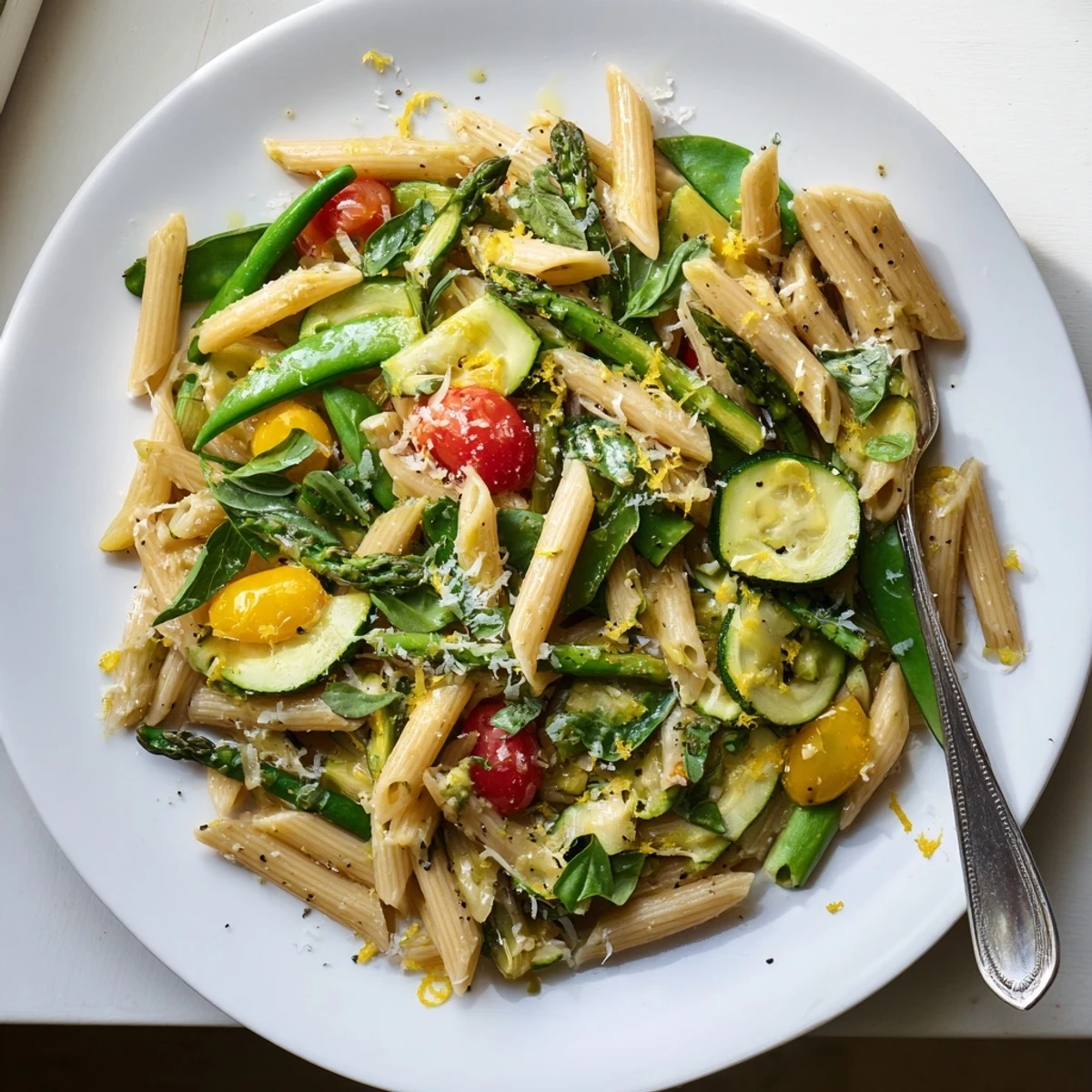Creamy one pot spring vegetable pasta featuring tender penne, zucchini, and sweet sugar snap peas