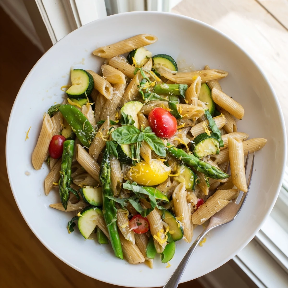 Savory one pot spring vegetable pasta garnished with lemon zest, Parmesan, and fragrant basil