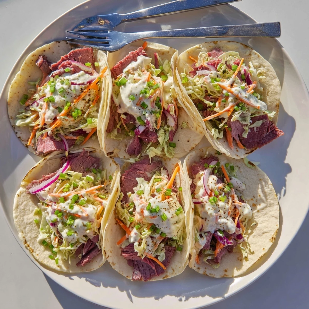 Soft flour tortillas wrapped around sliced corned beef with tangy horseradish cream sauce