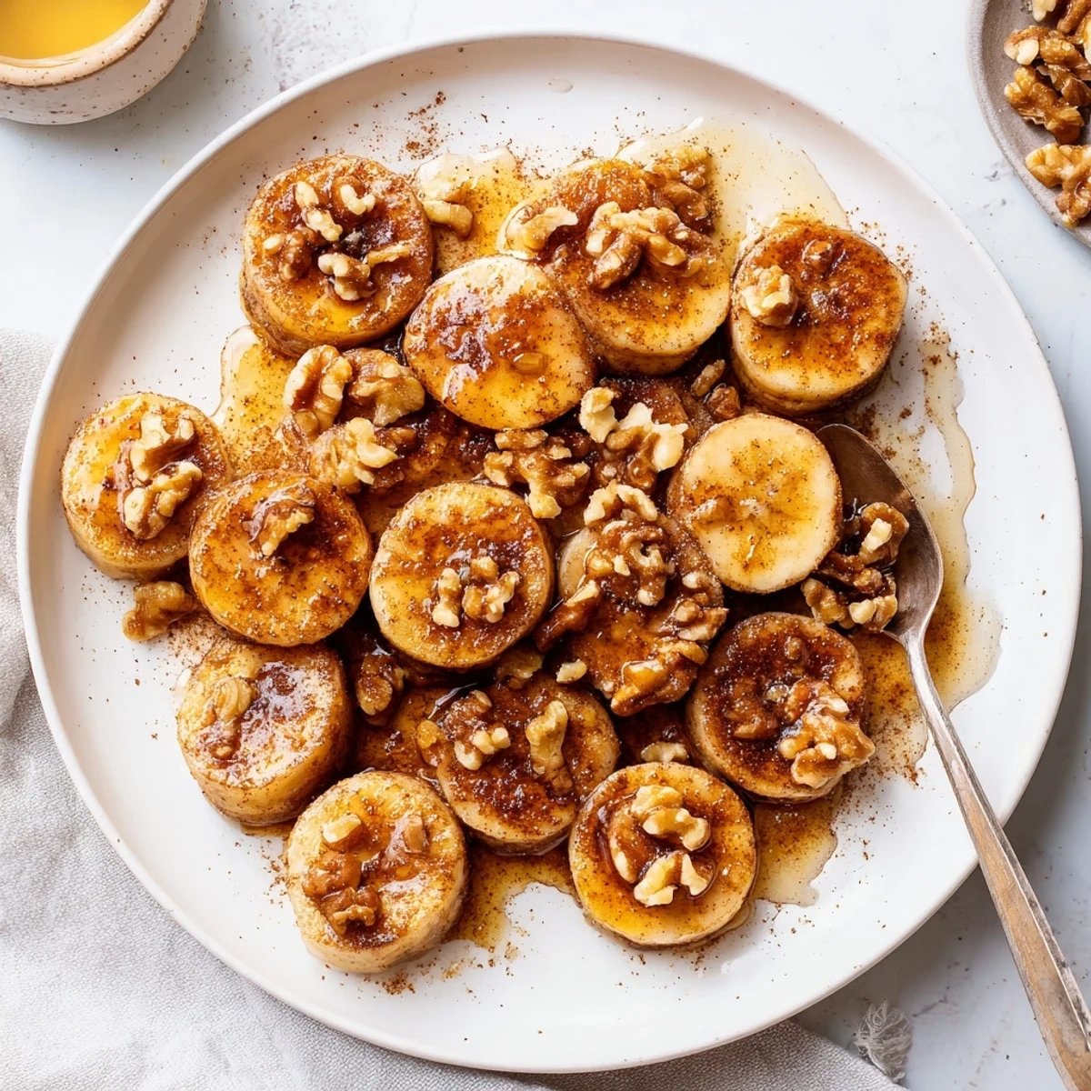 Golden pan fried cinnamon bananas sizzling in a skillet with melted butter and caramelized edges