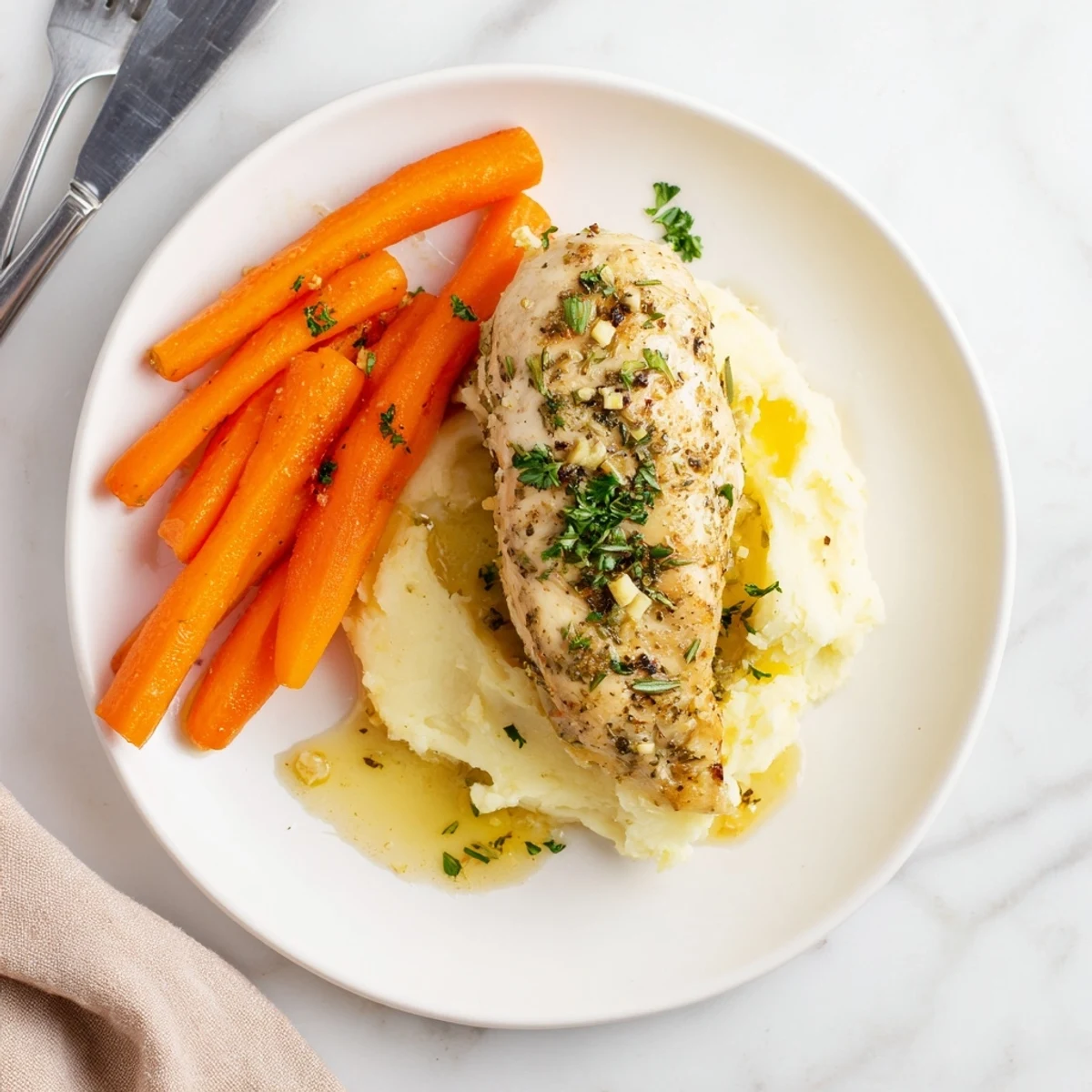 Golden herb-crusted chicken breast resting on fluffy mashed potatoes with sweet honey-glazed carrots on a white plate