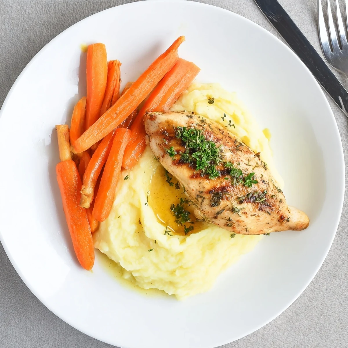 Juicy garlic herb roasted chicken served over creamy buttery mashed potatoes alongside glossy honey-coated carrot sticks