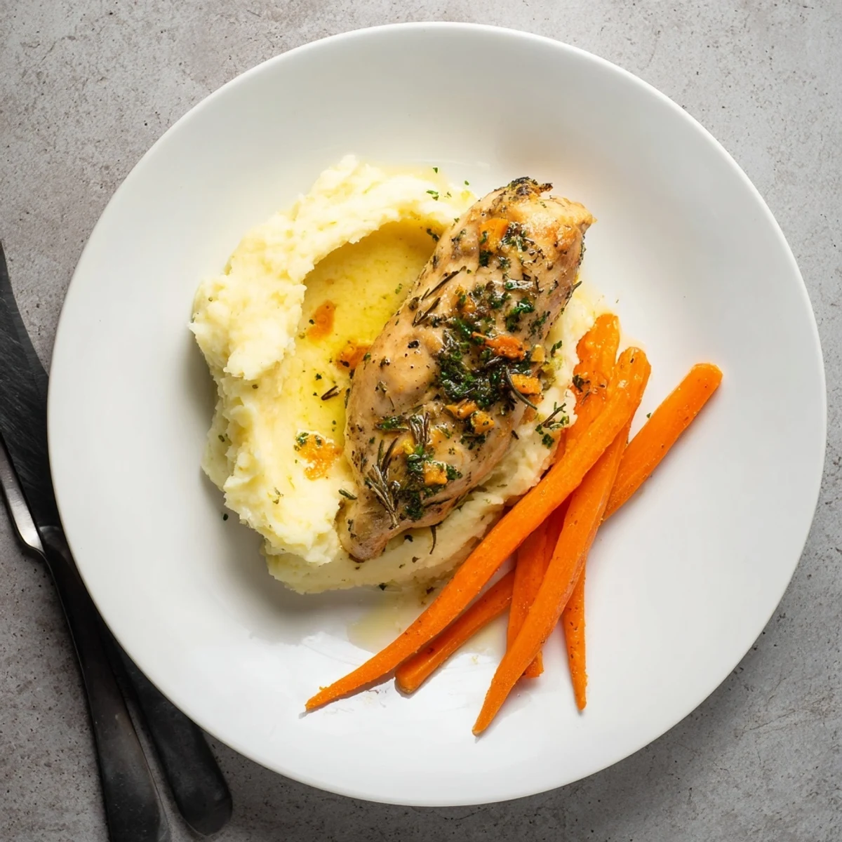 Comforting homemade dinner featuring herb-seasoned chicken breast with velvety mashed potatoes and tender glazed carrot strips
