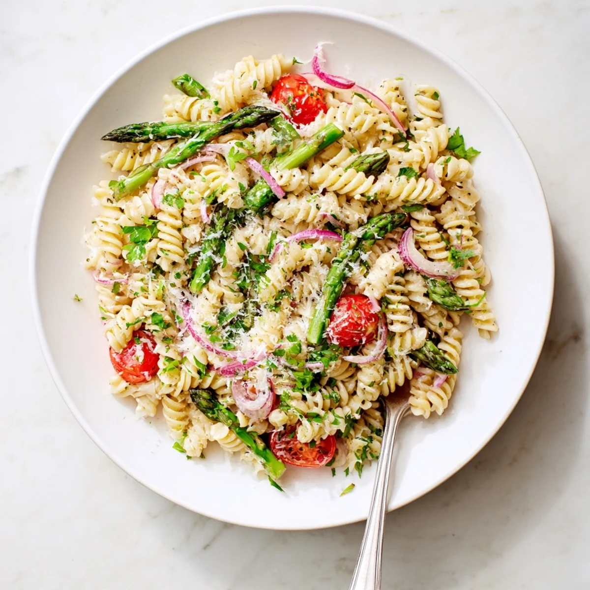 Bright lemon asparagus pasta salad with cherry tomatoes and fresh parsley in a bowl