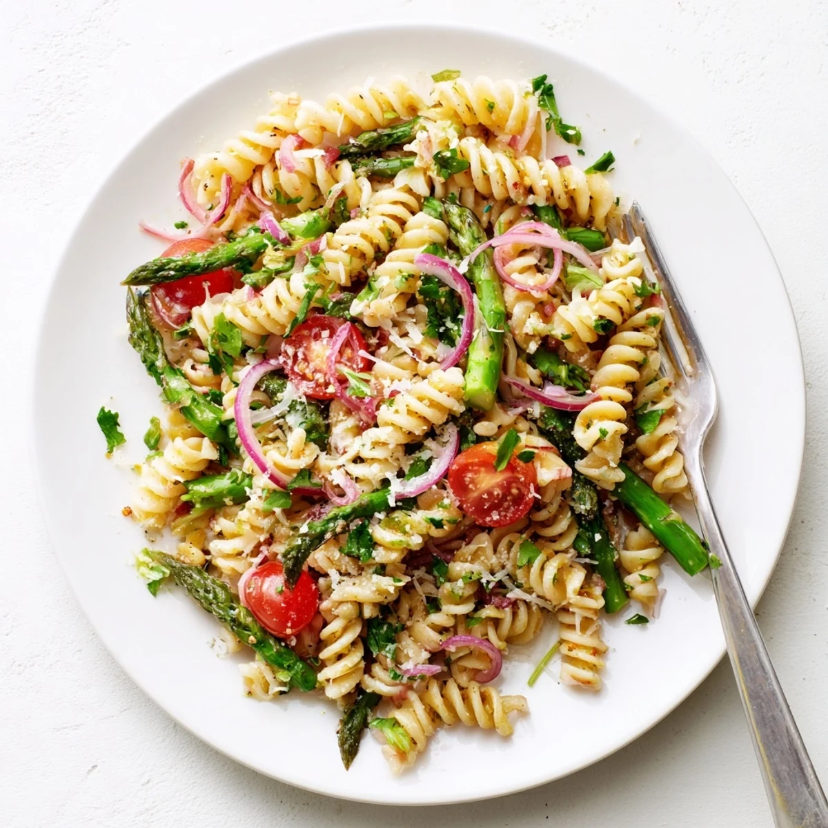 Tender asparagus pieces and al dente pasta tossed in zesty lemon dressing for spring
