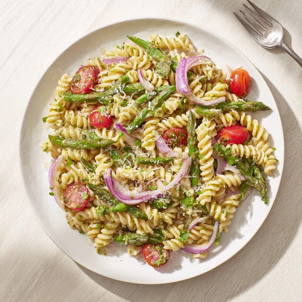 Refreshing lemon asparagus pasta salad garnished with parmesan and red onion for summer gatherings
