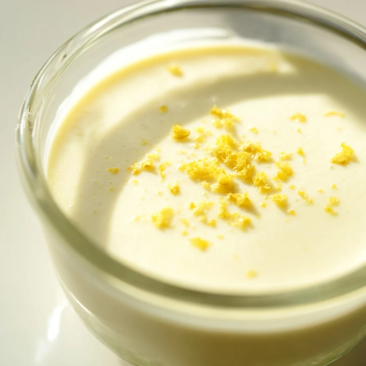 Creamy lemon posset set in glass ramekins topped with fresh lemon zest garnish